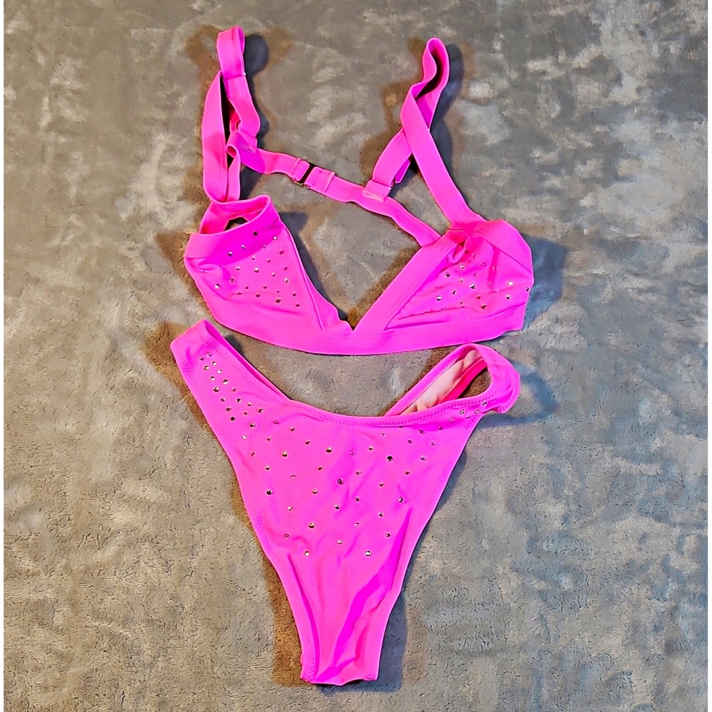 Womens Pink Solid Rhinestone Bikini Set Adjustable Straps Lined 2 Piece M